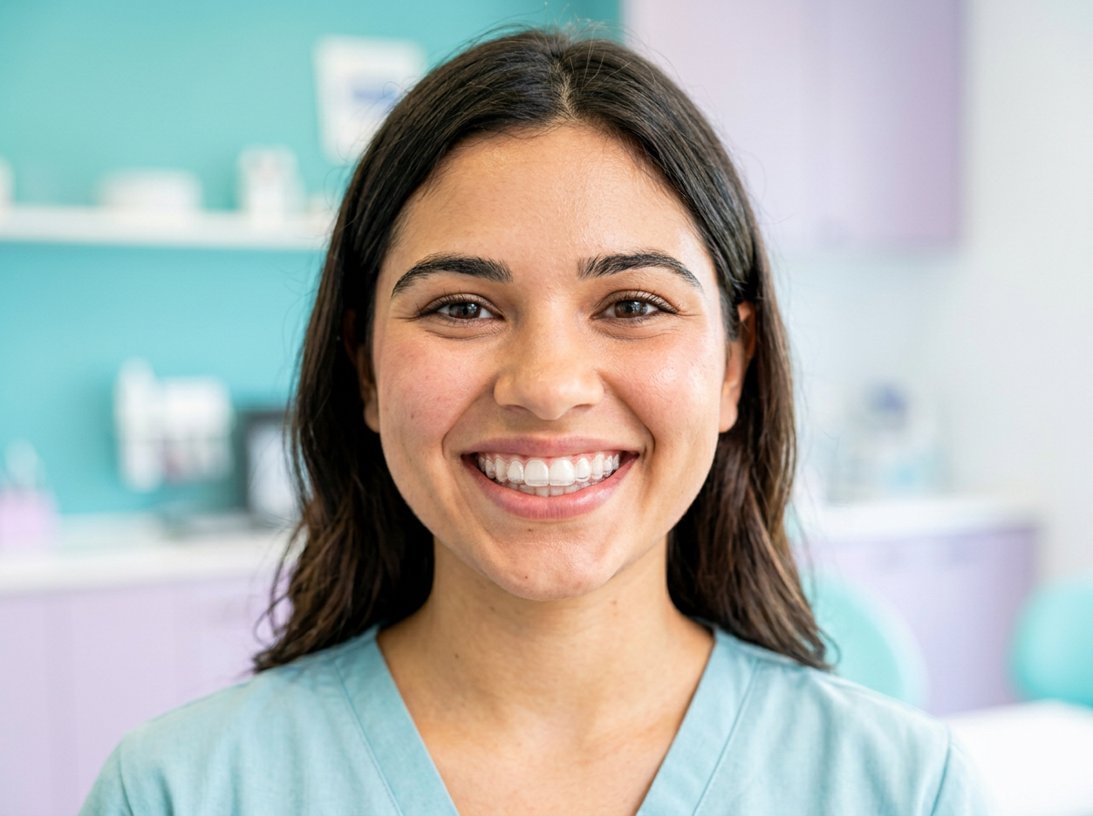 Paciente jovem sorrindo com alinhador invisível nos dentes